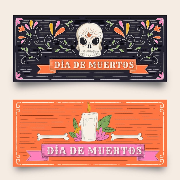 Banners del día de muertos de diseño vintage