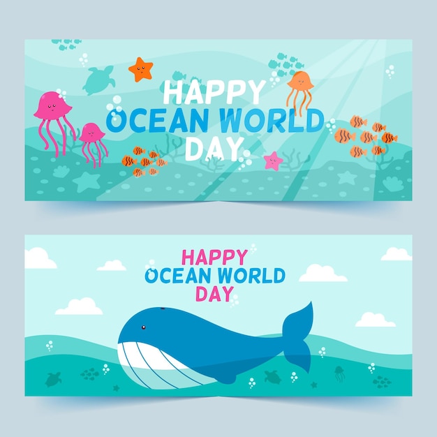 Vector gratuito banners del día mundial de los océanos con ballenas