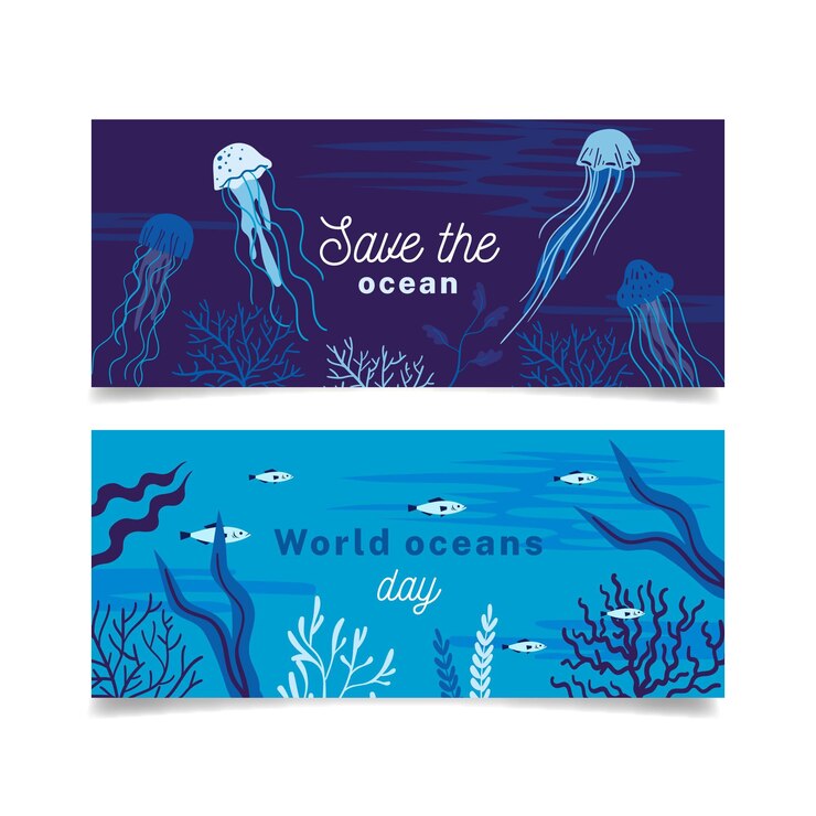 Vector gratuito banners del día mundial de los océanos de diseño plano