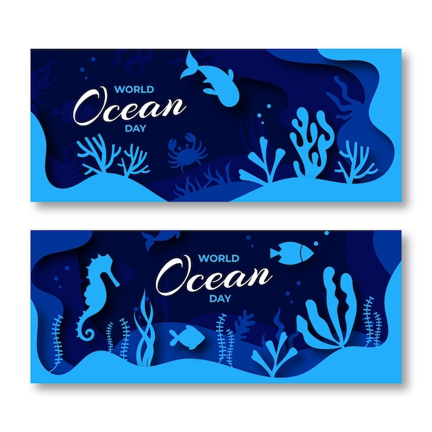 Vector gratuito banners del día mundial de los océanos en papel con pescado