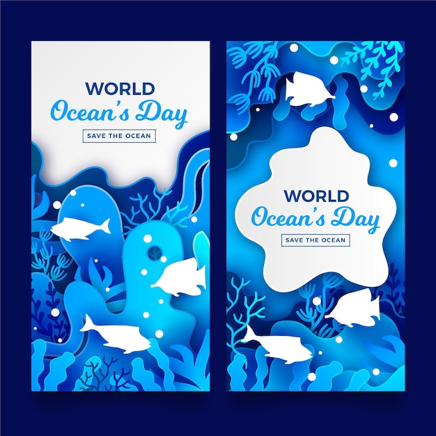 Vector gratuito banners del día mundial de los océanos en papel