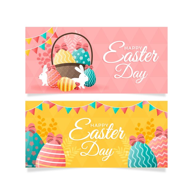 Banners del día de Pascua con huevos y conejito