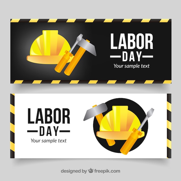 Vector gratuito banners del día del trabajo con casco y herramientas