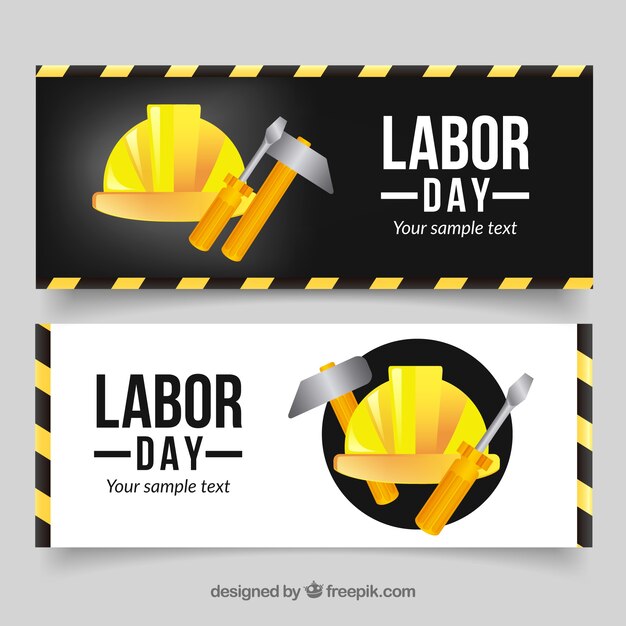 Banners del día del trabajo con casco y herramientas