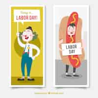 Vector gratuito banners para el día del trabajo con perrito caliente y payaso