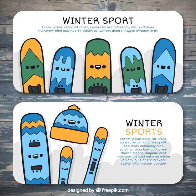 Banners dibujados a mano con snowboards coloridas