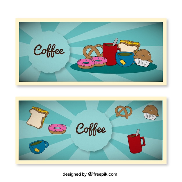 Vector gratuito banners dibujados a mano con taza de café y dulces