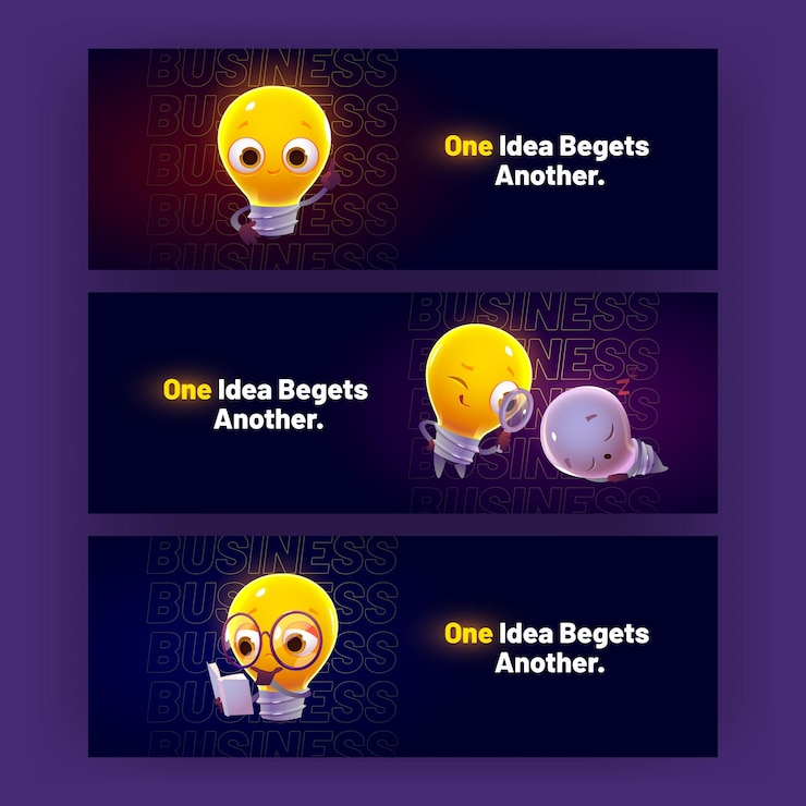Vector gratuito banners de dibujos animados con bombillas divertidas personajes que brillan sonriendo durmiendo y buscando una solución con lupa lámparas lindas expresan emociones volantes de invitación creativa ilustración vectorial