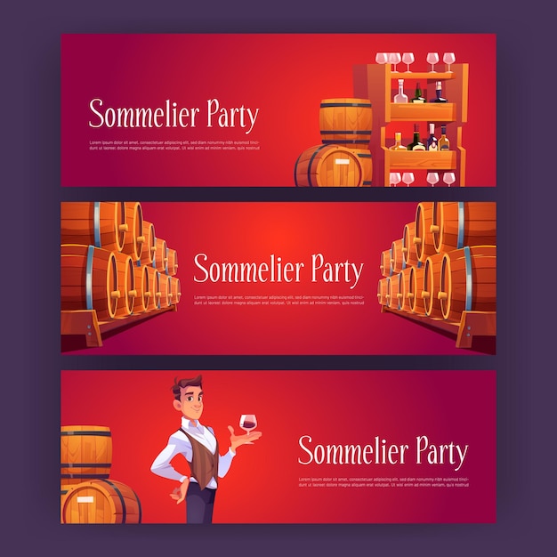 Banners de dibujos animados de la fiesta del sommelier con un hombre en una tienda de vinos sosteniendo una copa de vino en la mano