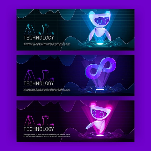 Banners de dibujos animados futuristas de tecnología ai con robot de inteligencia artificial en el fondo tecnológico hud brillante de neón con símbolo de infinito Cyborg o droide robótica y automatización Concepto vectorial