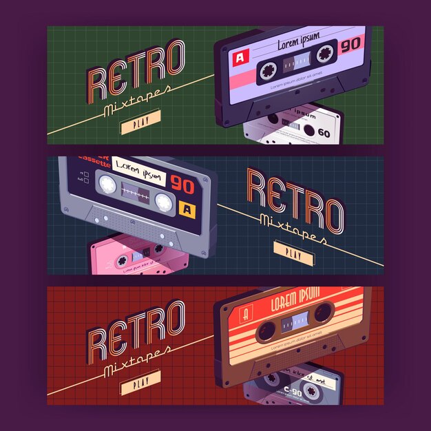 Banners de dibujos animados retro mixtapes con casete de audio