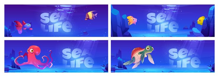 Vector gratuito banners de dibujos animados de vida marina