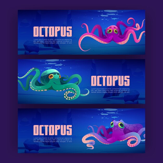 Banners de dibujos animados con volantes de pulpos gigantes del océano