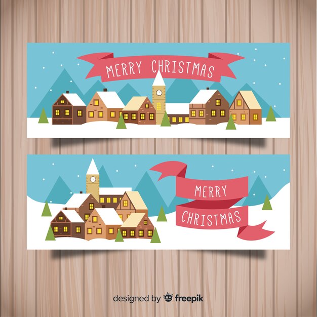 Banners en diseño flat con pueblo de navidad