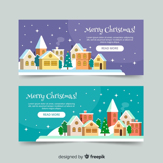 Banners en diseño flat con pueblo de navidad