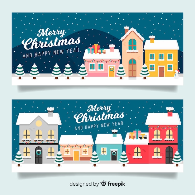 Banners en diseño flat con pueblo de navidad