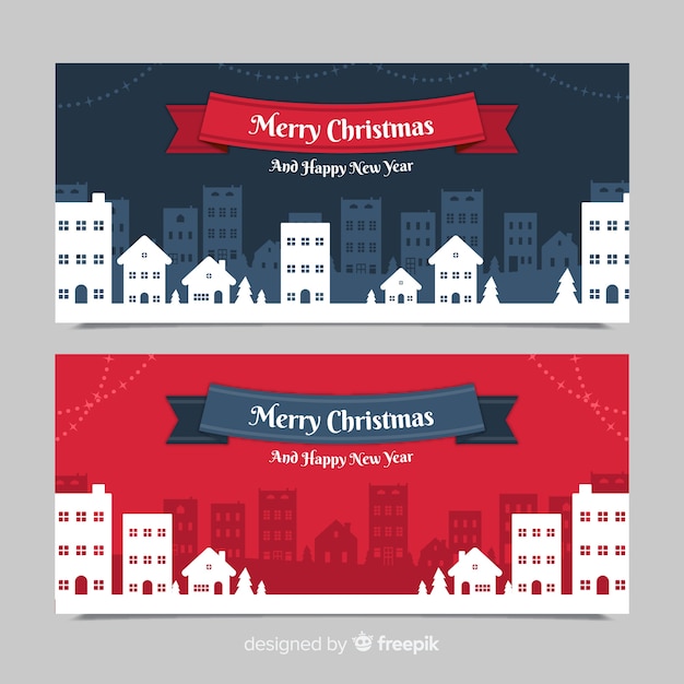 Vector gratuito banners en diseño flat con pueblo de navidad