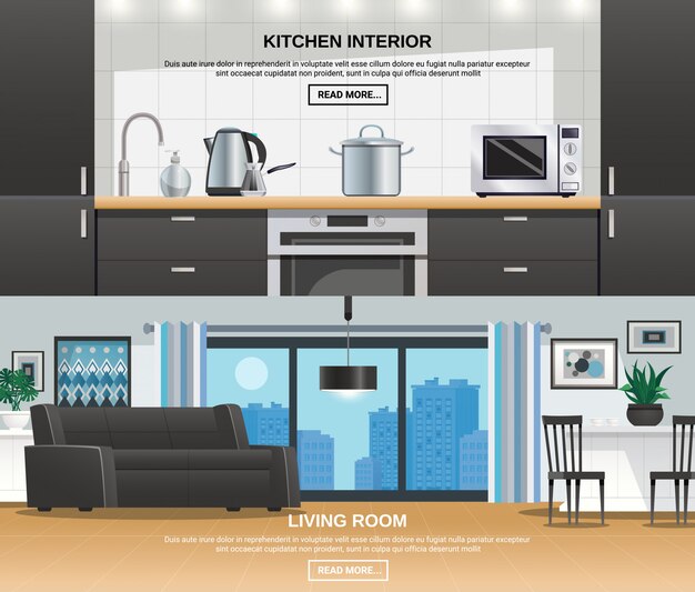 Banners de diseño de interiores de cocina moderna