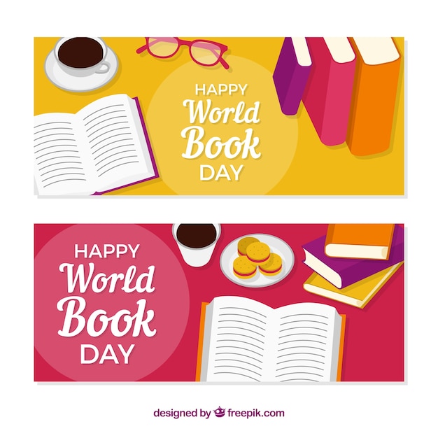 Banners en diseño plano feliz día internacional del libro