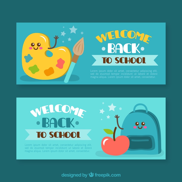 Vector gratuito banners divertidos con material escolar