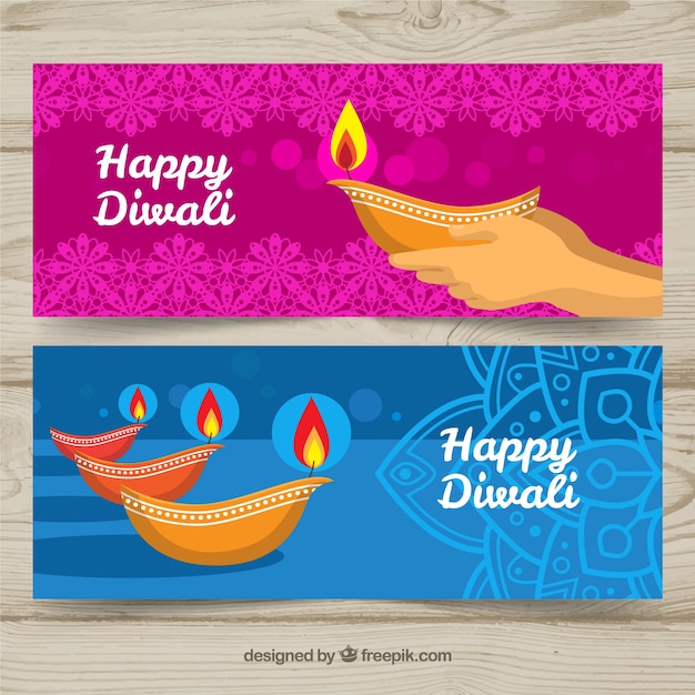 Vector gratuito banners de diwali con lámparas de aceite