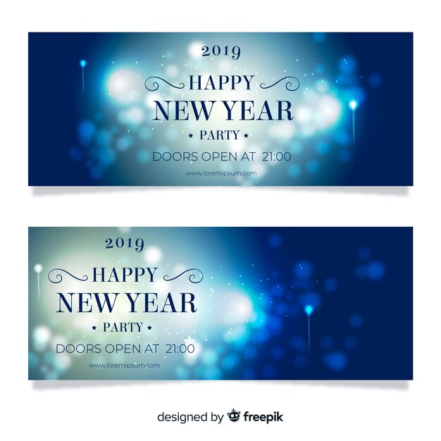 Banners elegantes de fiesta de fin de año 2019 con diseño realista