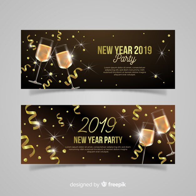 Banners elegantes de fiesta de fin de año 2019 con diseño realista