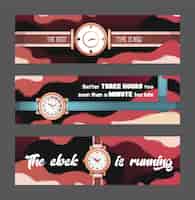 Vector gratuito banners elegantes con ilustración de vector de relojes. concepto de gestión del tiempo