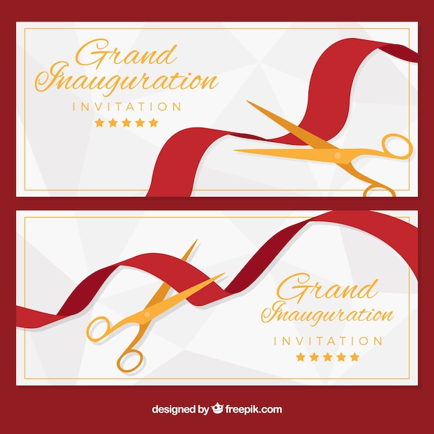 Banners elegantes de inauguración con tijeras doradas