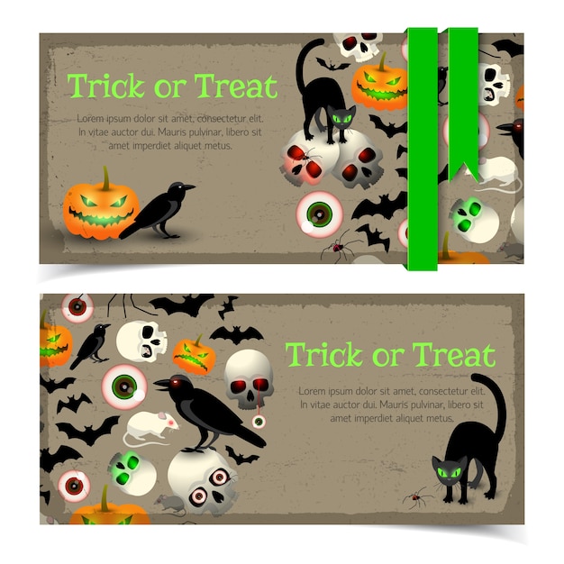 Banners con elementos de halloween animales y cinta verde de expresión tradicional sobre fondo de textura gris aislado