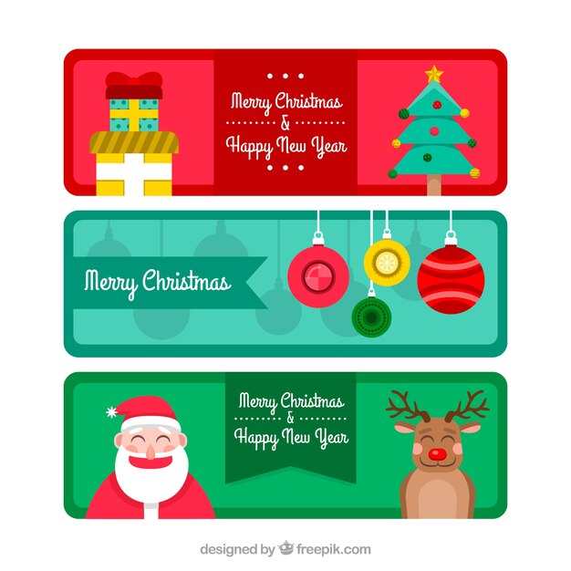 Banners con elementos y personajes de navidad en diseño plano 