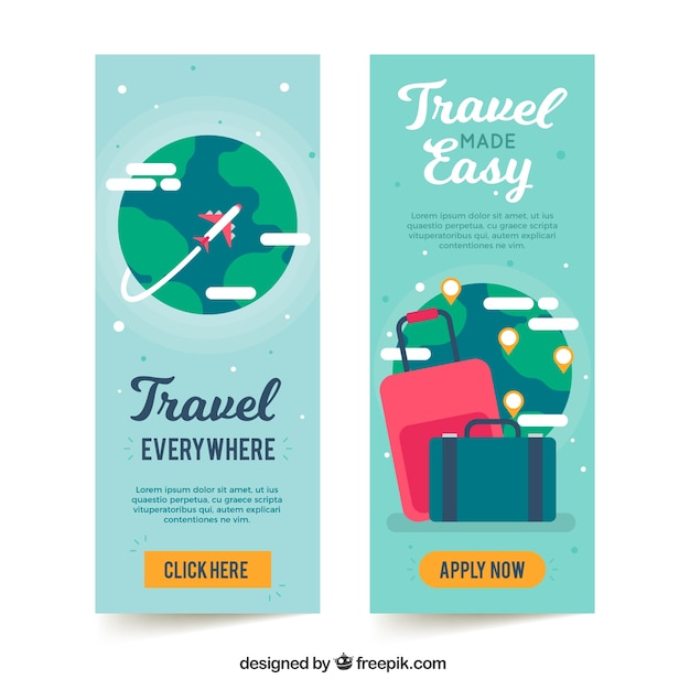 Vector gratuito banners de equipaje y viaje por el mundo en diseño plano