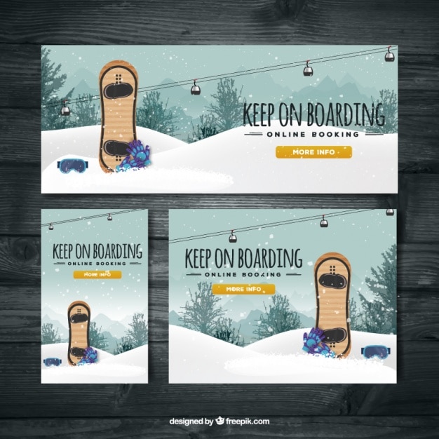 Vector gratuito banners de estación de esquí con snowboard