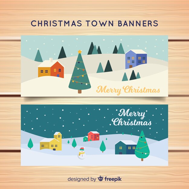 Banners en estilo flat con pueblo de navidad