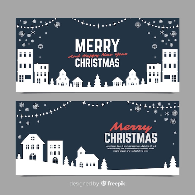 Vector gratuito banners en estilo flat con pueblo de navidad