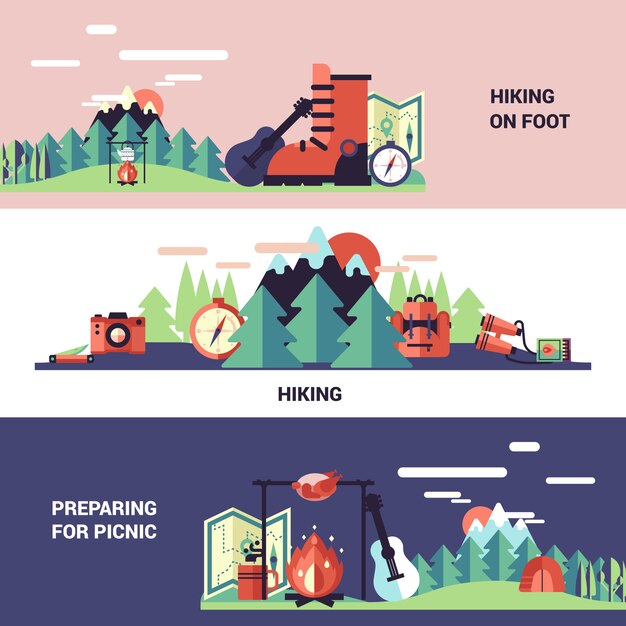 Banners de excursionismo y picnic