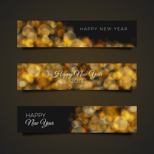 Vector gratuito banners de feliz año con formas desenfocadas