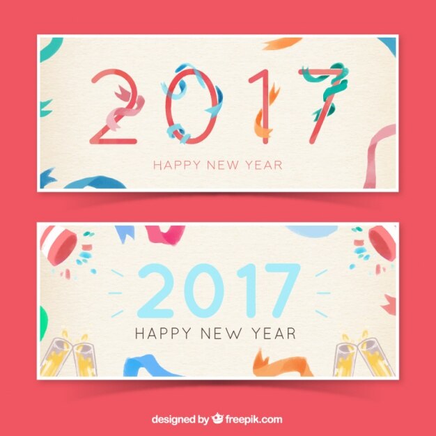 Banners de feliz año nuevo con serpentina en estilo de acuarela