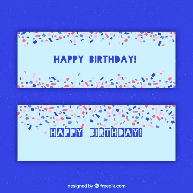 Banners de feliz cumpleaños con confeti y fondo azul