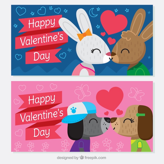 Banners de feliz día de san valentín con parejas de animales besándose