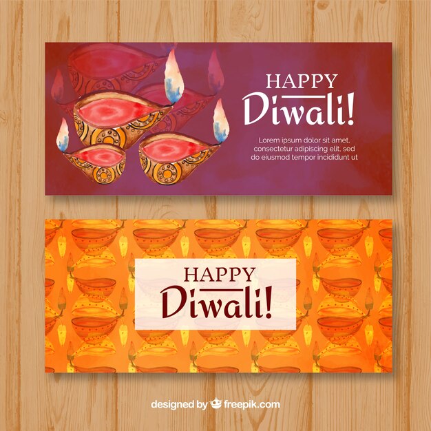 Banners de feliz diwali con velas de acuarela