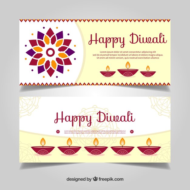 Banners de feliz diwali con velas en diseño plano