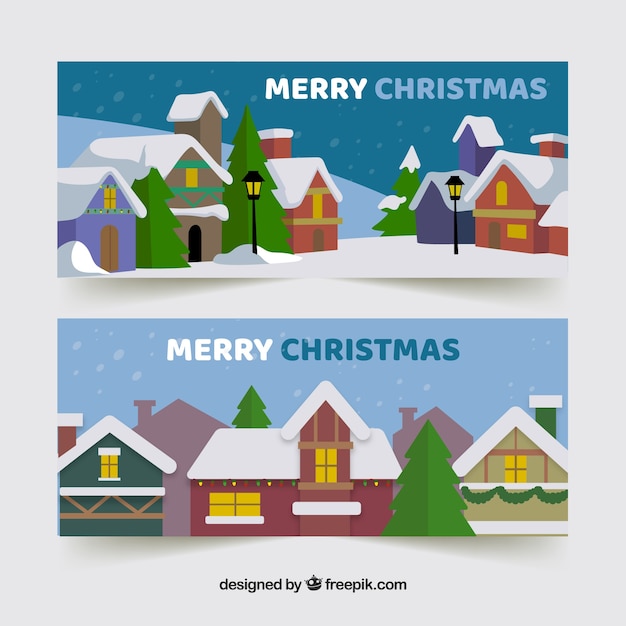 Vector gratuito banners de feliz navidad con casas