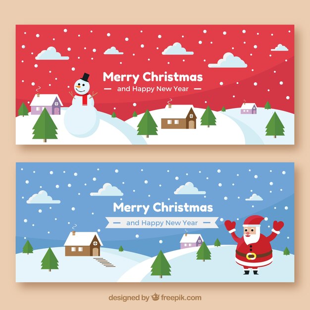 Banners de feliz navidad de paisajes con nieve 