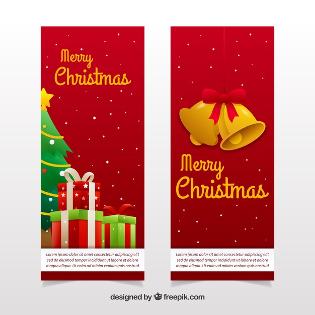 Banners de feliz navidad con regalos y campanas 