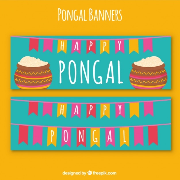 Banners de feliz pongal con guirnaldas coloridas