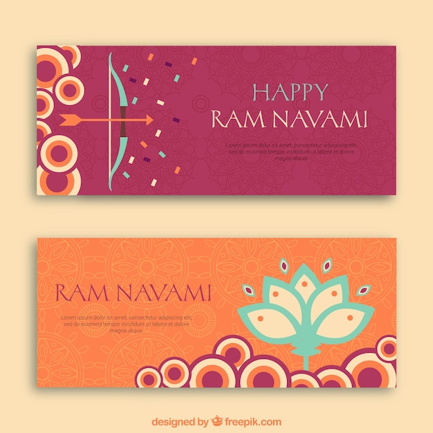 Banners de feliz ram navami con círculos y formas florales 