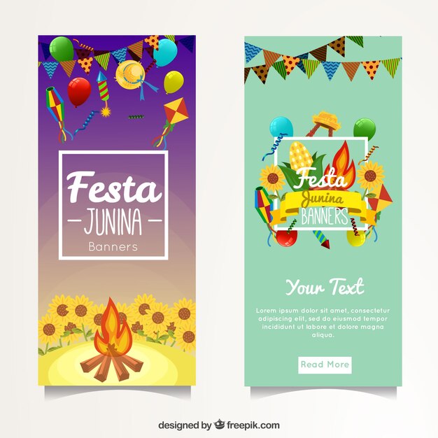 Banners de festa junina con elementos decorativos