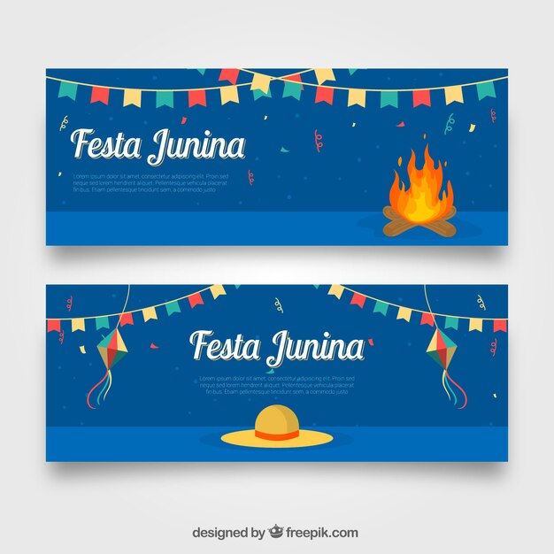 Banners de festa junina con hoguera y sombrero