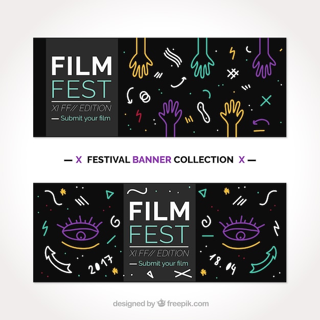 Vector gratuito banners de festival de cine con dibujos decorativos